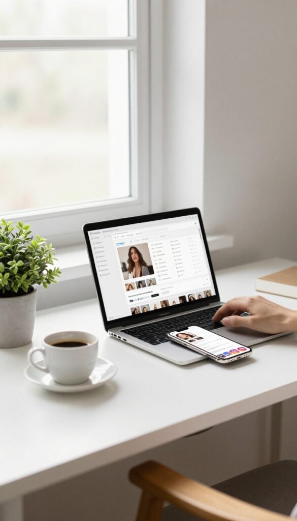 Home office setup for social media management with laptop and smartphone