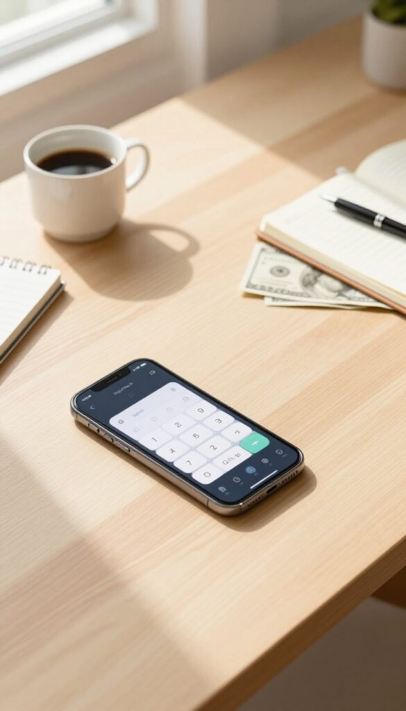 Flat lay of budgeting tools: smartphone with calculator, notebook, pen, coffee, and dollar bills on a wooden desk.