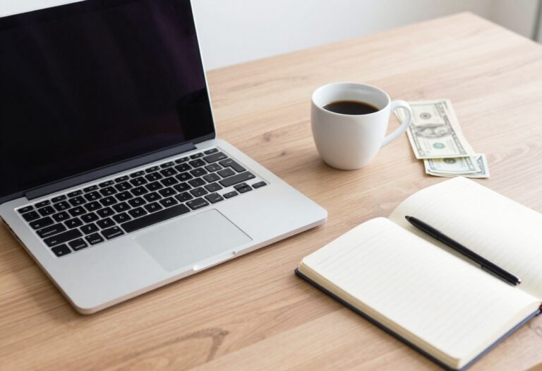 Flat lay of laptop, coffee, notebook, and money on a desk representing side hustles and extra income.