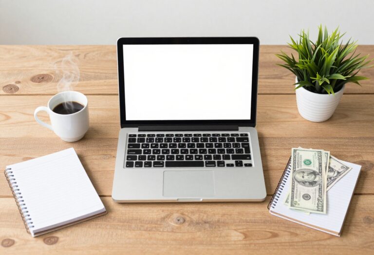 Flat lay of a laptop, coffee, notebook, and cash on a wooden desk representing side hustles.