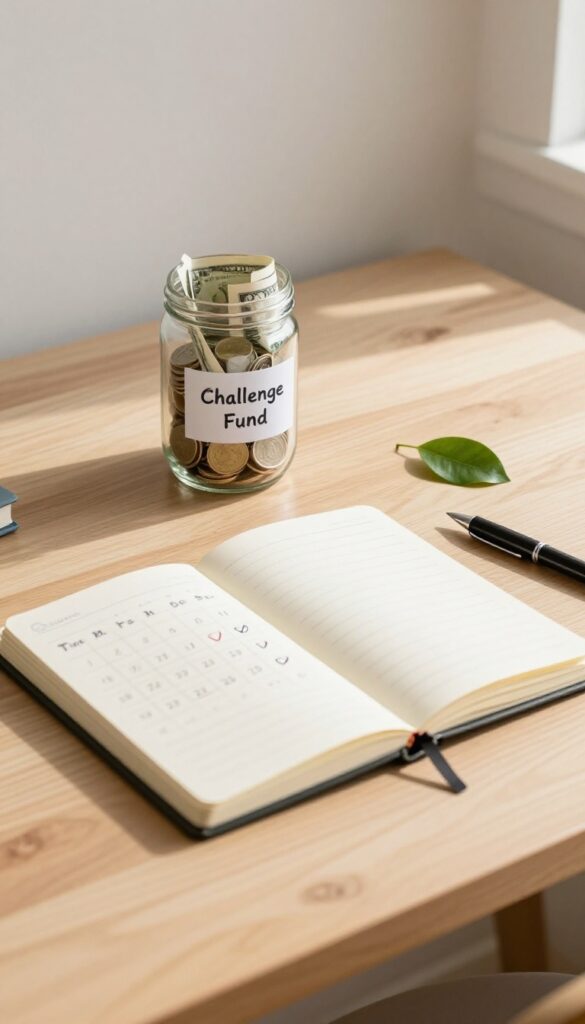 Flat lay of a financial challenge tracker with a glass jar of coins, a notebook with a calendar, and a pen on a wooden desk.