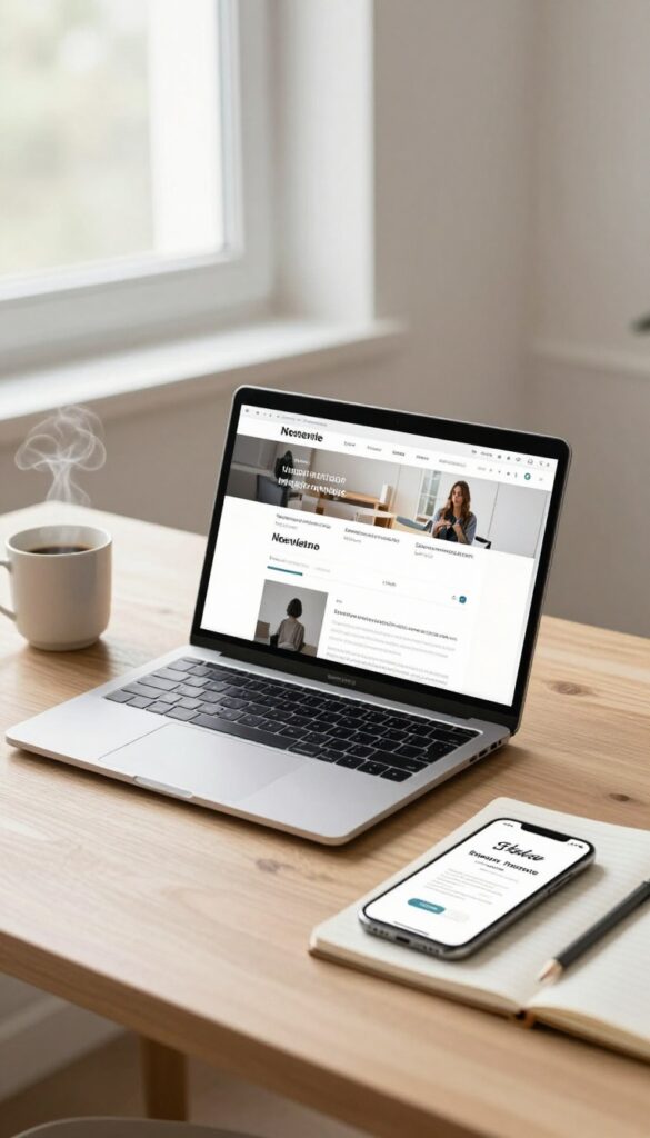 Desk setup with laptop, coffee, notebook, and smartphone for a paid newsletter side hustle