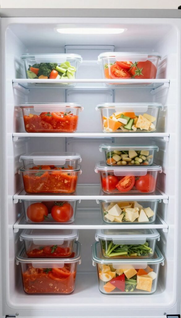 Organized freezer with labeled containers of frozen leftovers and meal prep portions.