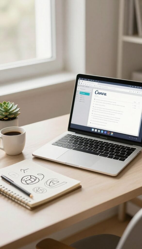 A laptop showing a graphic design project on Canva, surrounded by a sketchbook, coffee, and a succulent on a tidy desk in natural light.