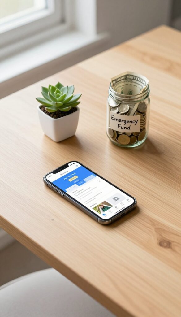 A labeled savings jar and a smartphone with a banking app on a wooden desk, representing a separate savings account.