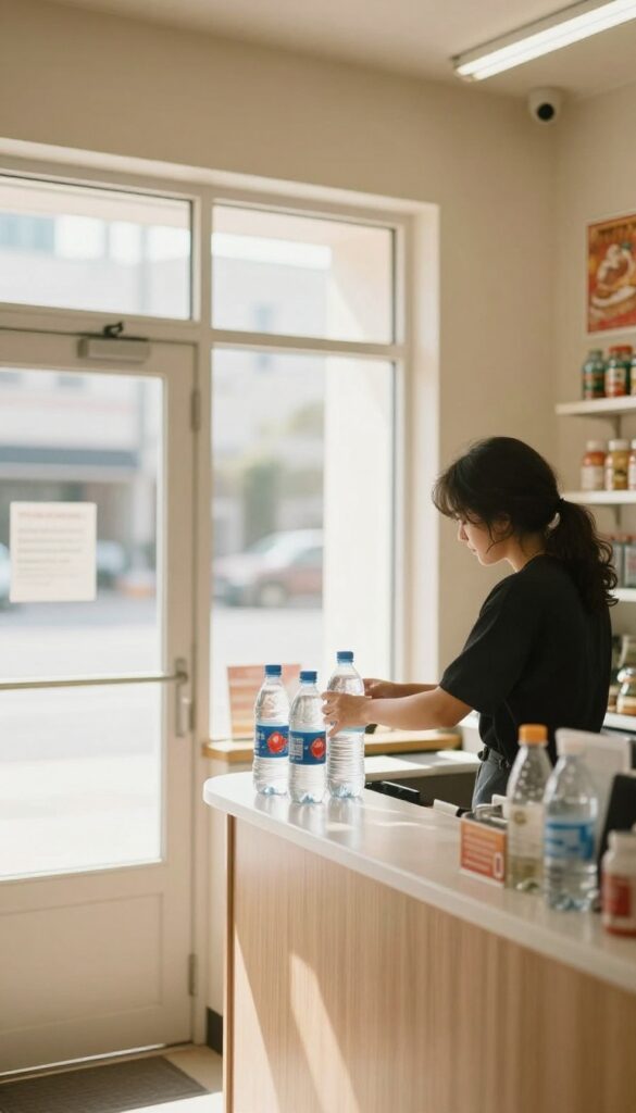 Person buying a single bottle of water at a convenience store counter, bright natural light, clean composition.