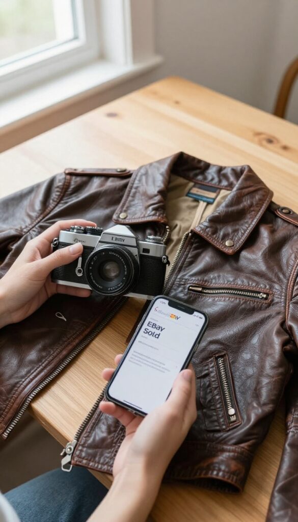 Hands holding vintage jacket and camera at thrift store with phone showing sold price