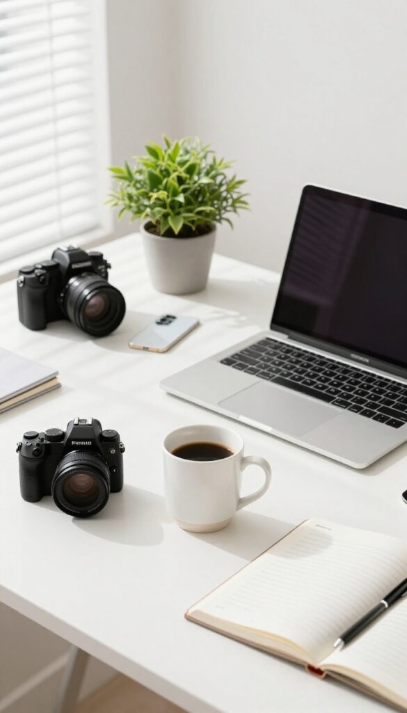 Photography equipment on a desk with natural light, representing selling stock photos as a side hustle.