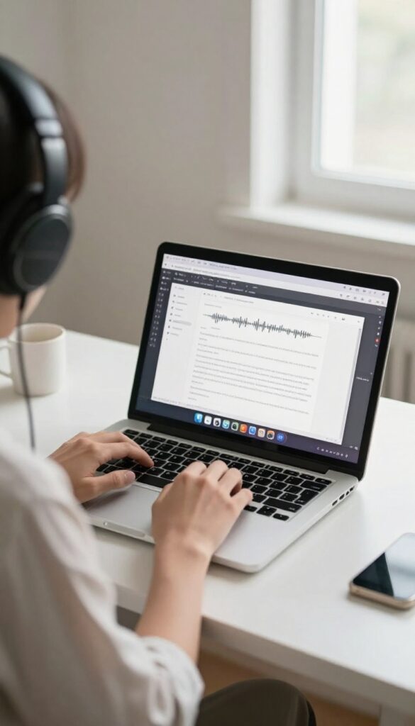 Person working from home doing transcription on a laptop with headphones