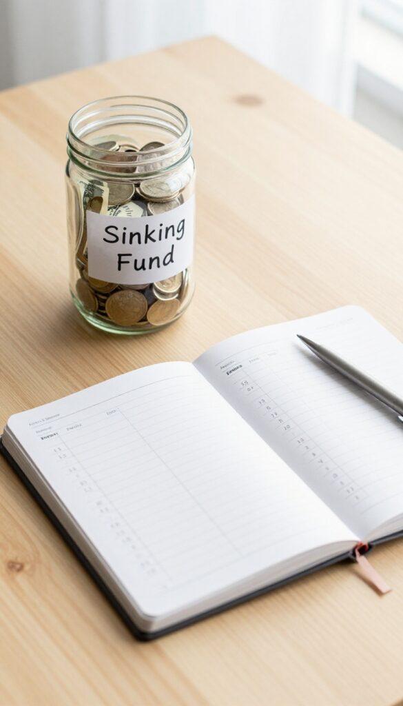 A glass jar labeled Sinking Fund filled with coins and bills, next to an open notebook with a savings chart and a pen, on a wooden desk in natural light.
