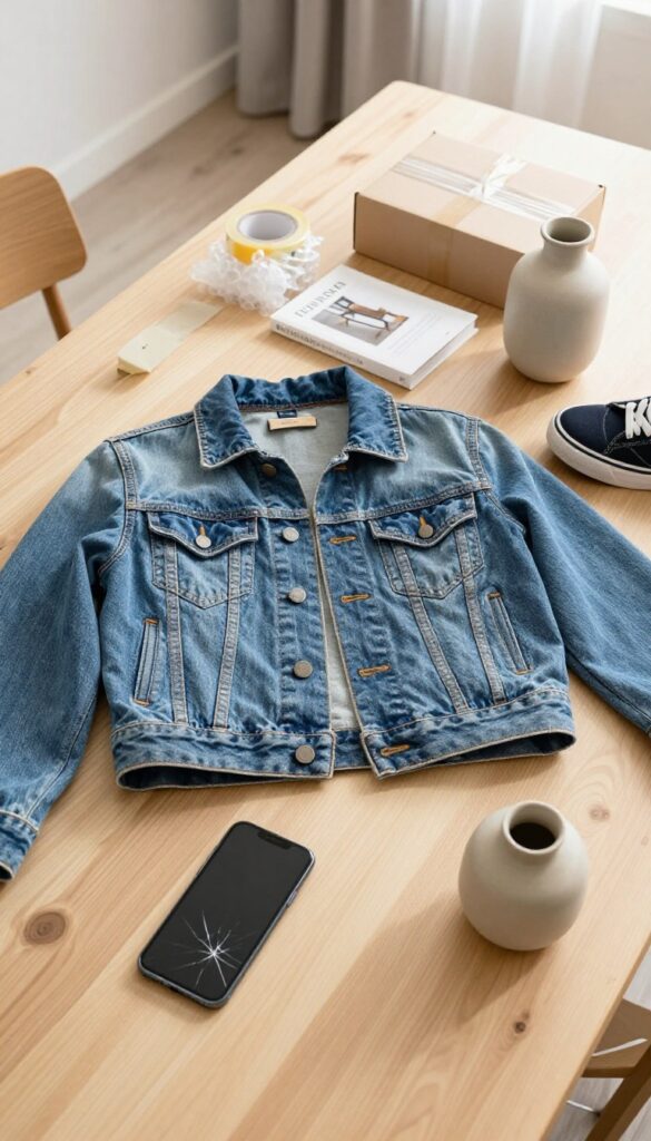 Flat lay of used clothing, electronics, and decor items for sale online, with packing supplies, in natural light.