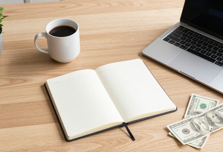 Flat lay of laptop, coffee, notebook, and cash on a desk representing side hustles and extra income.