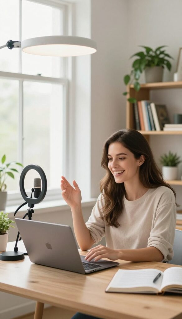 Woman recording an online course in a bright home office