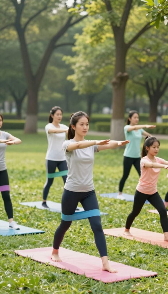 Personal fitness trainer leading outdoor exercise session in park