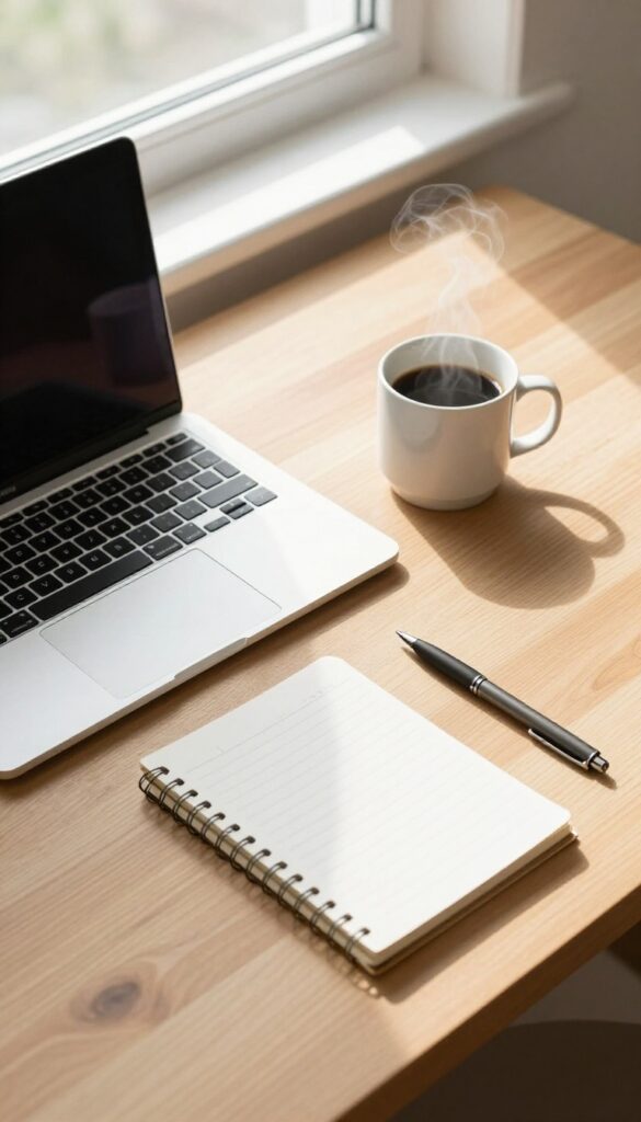 Freelance writing setup with laptop, coffee, and notebook on a wooden desk