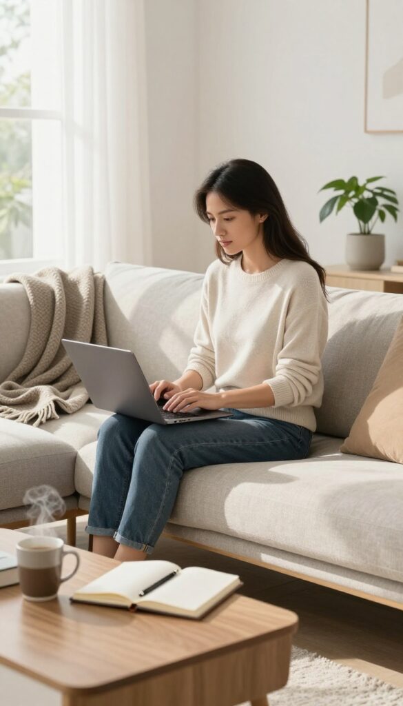 Woman working from home on couch with laptop and coffee