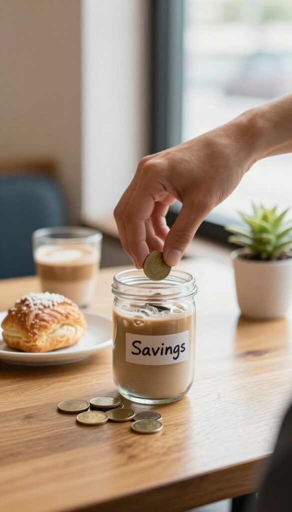Hand saving coins in a glass jar with a latte and pastry blurred in background, symbolizing small savings adding up.