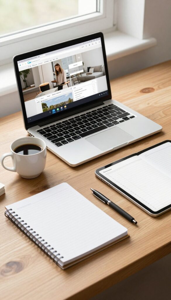 Flat lay of a laptop, coffee, notebook, and printed planners on a wooden desk, bright natural light, digital product creation workspace.