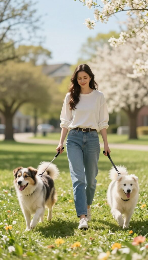 A woman walking two dogs in a sunny park, representing pet sitting and dog walking service.