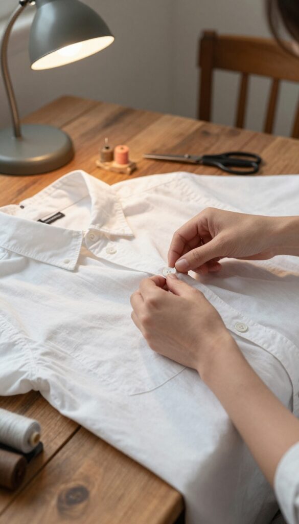 Hands sewing a button on a shirt with a sewing kit on a wooden table, repair tools nearby