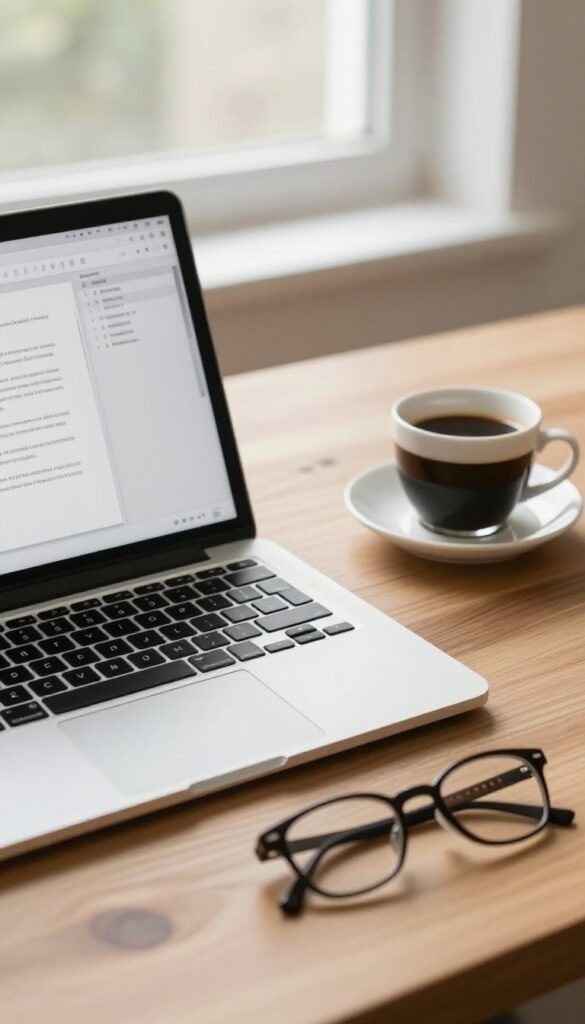 A person proofreading on a laptop at a tidy desk with coffee and glasses, bright natural light.