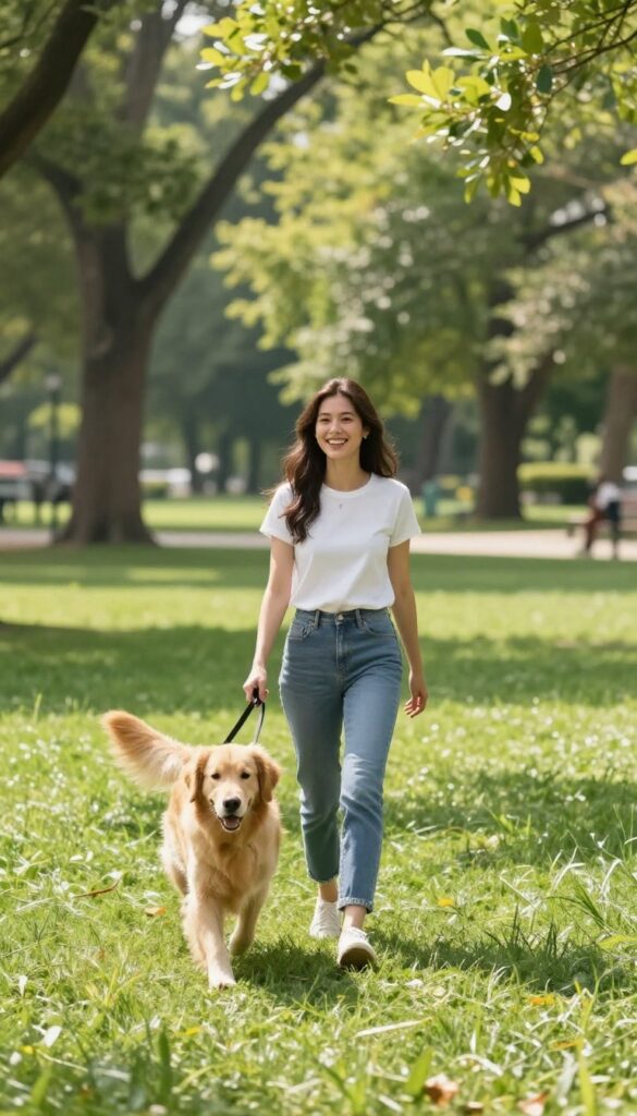 Woman walking a golden retriever in a sunny park, pet sitting side hustle