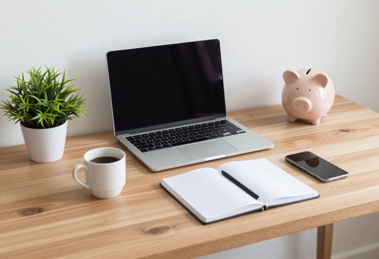 Flat lay of laptop, coffee, notebook, smartphone, plant, and piggy bank on wooden desk representing side hustles for busy people.