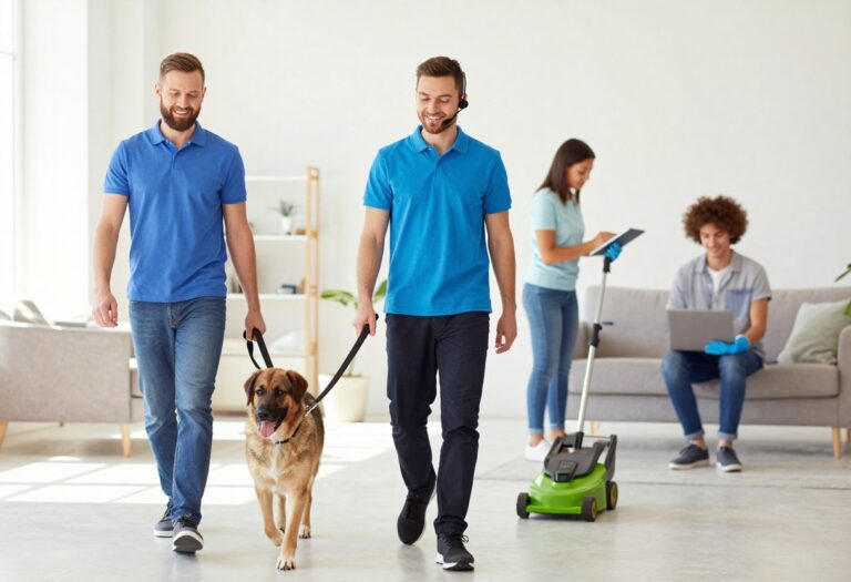 Collage of people providing different services: pet sitting, cleaning, virtual assistance, and lawn care.