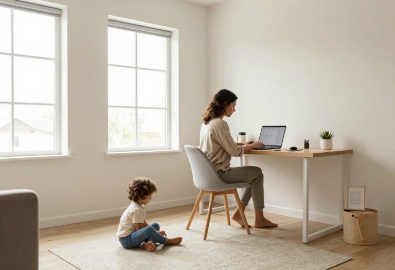 Stay-at-home mom working on a laptop with her child playing nearby in a cozy home office