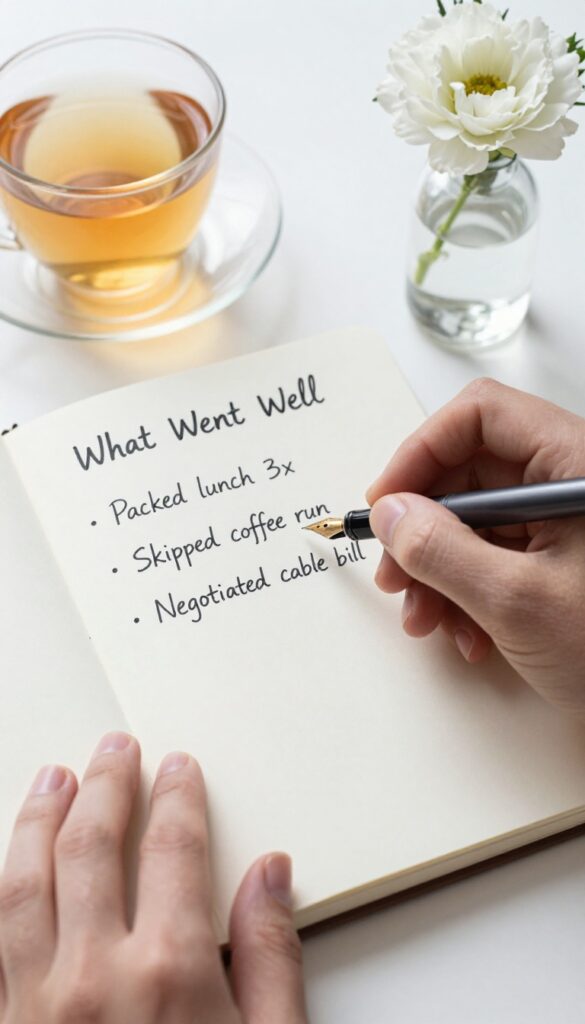 Hand writing a 'What Went Well' financial wins list in a notebook with tea and flower nearby