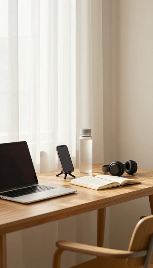 Cozy home office with laptop, smartphone tripod, and products for affiliate marketing