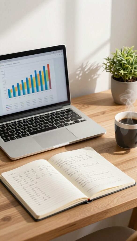 Data-driven blog post setup with laptop showing chart, notebook, coffee, and plant on wooden desk