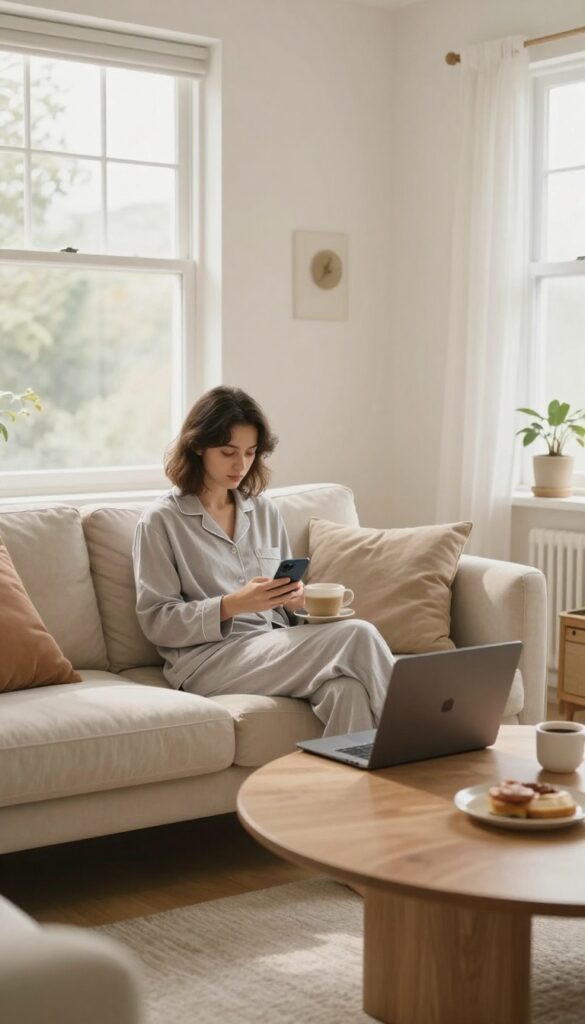 Person in pajamas taking online surveys on a smartphone and laptop in a sunlit living room