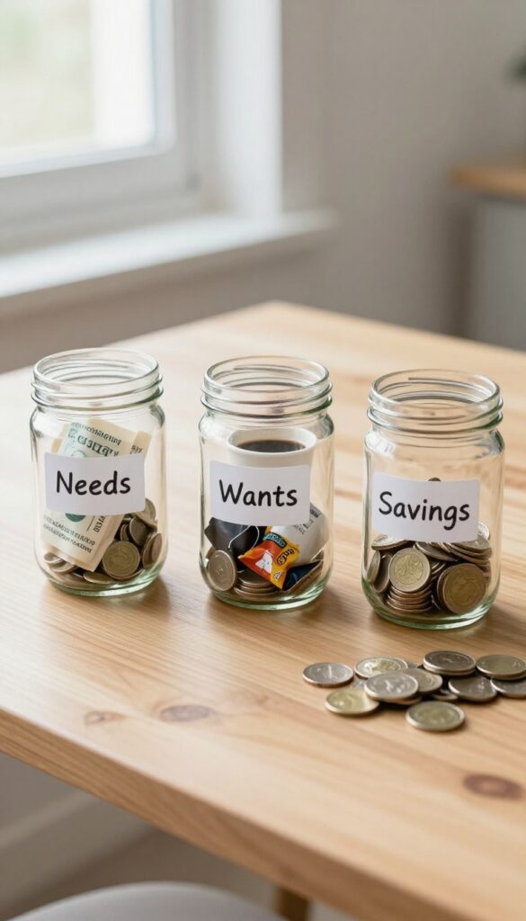 Flat lay of three jars representing the 50/30/20 budget rule: needs, wants, and savings.