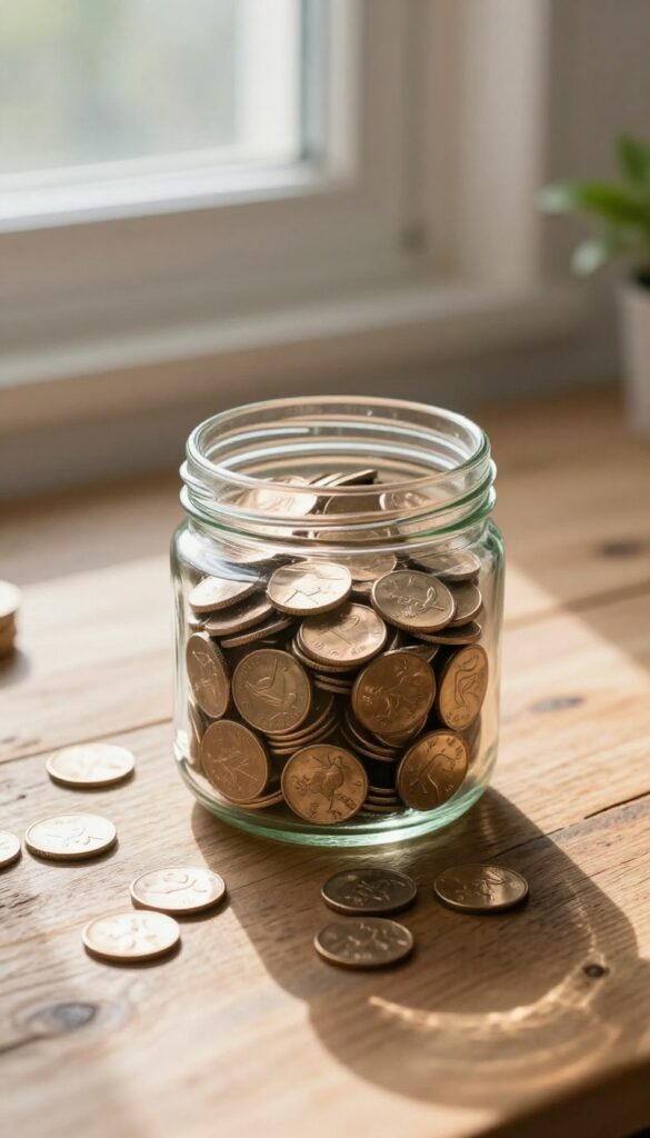 Glass jar filled with pennies on a wooden table, representing the 365-Day Penny Challenge savings habit.