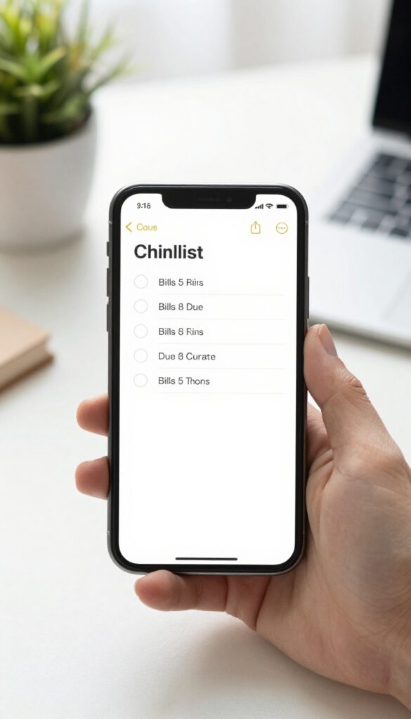 Person holding smartphone with bill tracker checklist in notes app, bright desk background