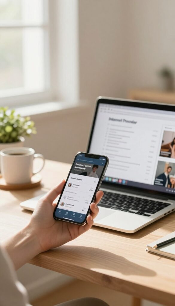 Person negotiating internet bill on phone with laptop showing price comparison