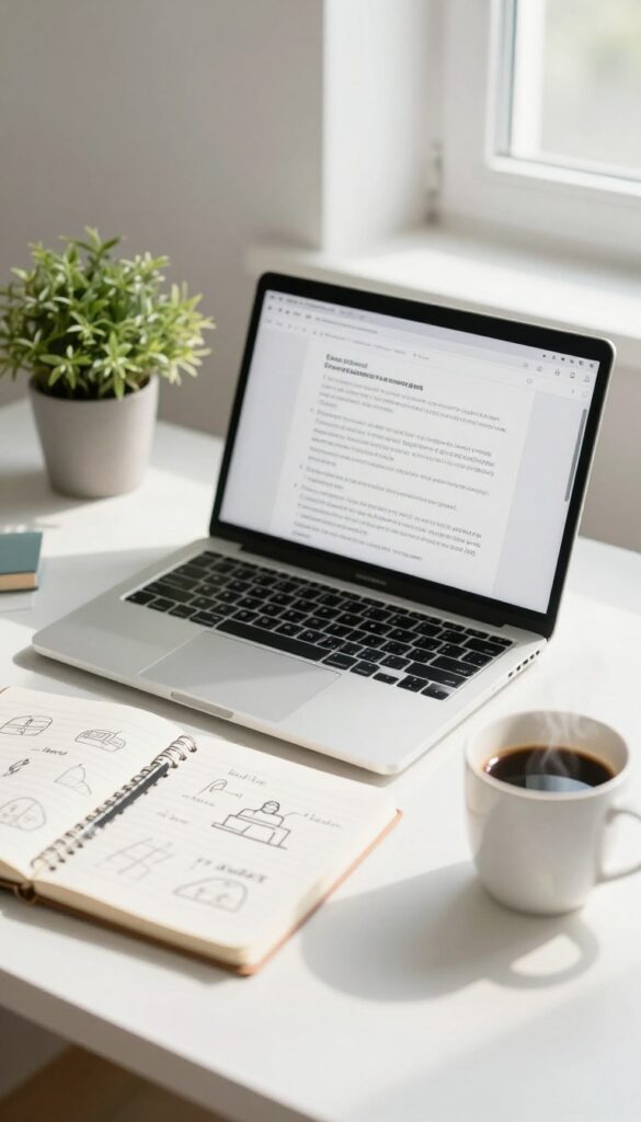 Step-by-step tutorial setup on a desk with laptop, notebook, coffee, and plant in natural light.