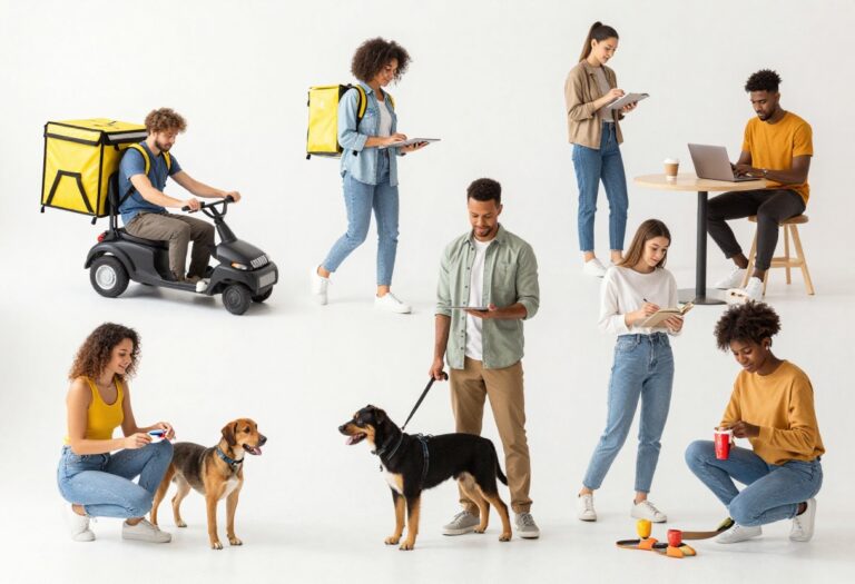 People working on flexible side hustles including driving, freelancing, pet sitting, and crafting.