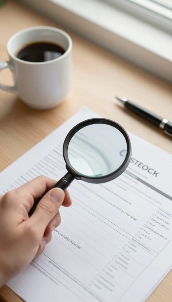 Person reviewing a bank statement with a magnifying glass to find hidden fees