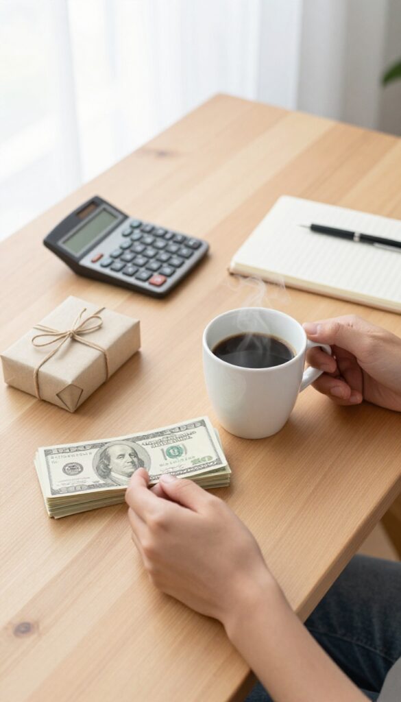 A person celebrating a small payday reward with a coffee and a gift box on a tidy desk, with cash and budgeting tools nearby.
