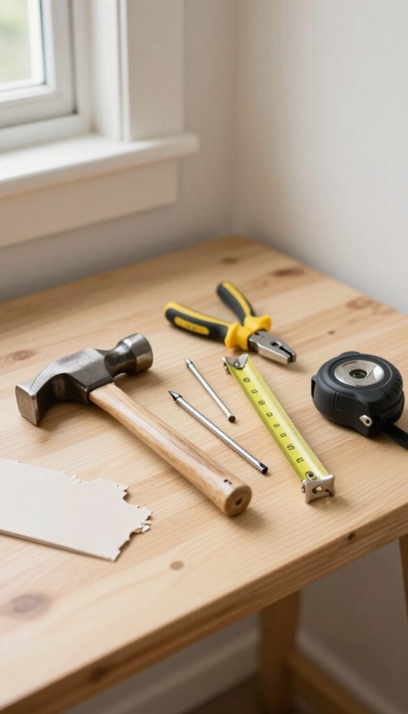A workbench with basic tools and DIY repair items like a drywall patch kit, plunger, and toilet flapper in natural light.