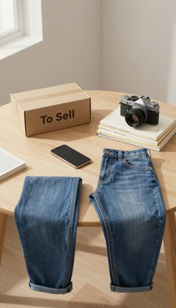 Flat lay of items to sell online including smartphone, jeans, camera, books, and a box labeled To Sell