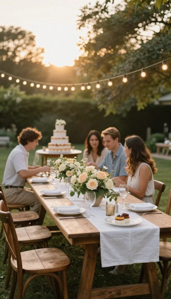Backyard anniversary party with string lights and floral centerpiece
