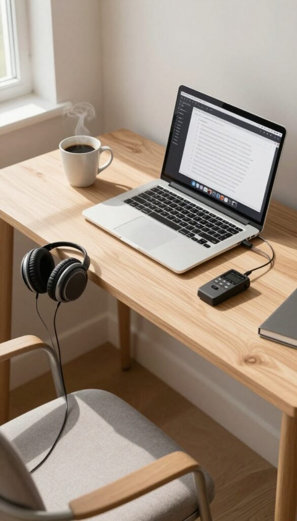 Home office desk with laptop, headphones, foot pedal, and coffee for transcription work