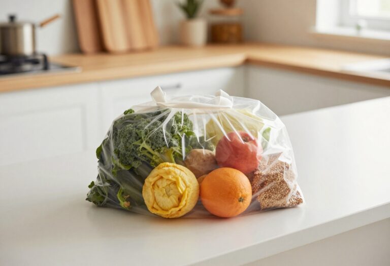 Reusable grocery bag with fresh produce and grains on a kitchen counter