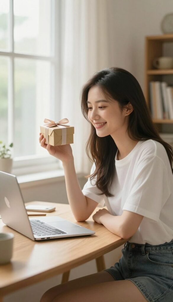 Young woman celebrating a financial milestone at her desk with a gift box and laptop showing savings chart