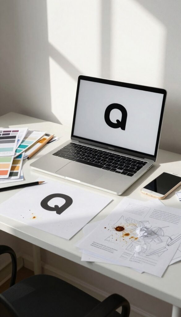 A messy desk with a laptop showing a simple logo design, surrounded by design tools and neglected customer outreach materials.
