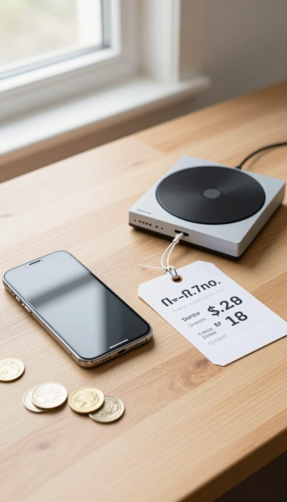A flat lay of a refurbished smartphone and gaming console with a discount price tag on a wooden desk, representing saving money by avoiding buying new tech on launch day.
