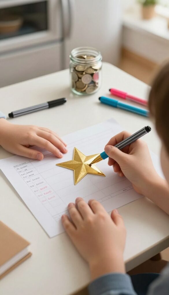 Family placing a star on a savings chart on the fridge, celebrating a small budgeting win
